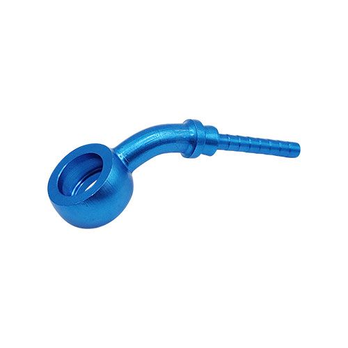 <p>Low profile banjo  |  10mm hole  |  8mm thick  |  45 deg bend |  anodized alumi</p>