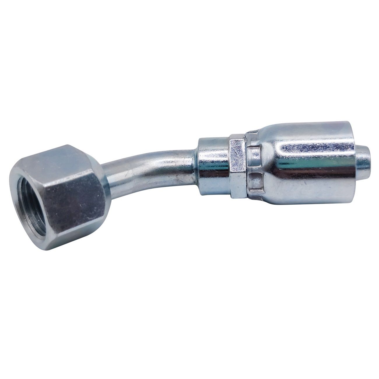 <p>Female swivel  |  5/8-18 UNF |  13/16 hex  |  45 deg bend</p>