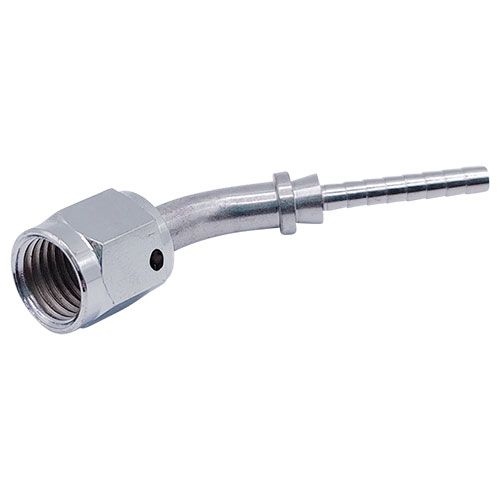 <p>Female swivel  |  wire lock  | 7/16-20 UNF (37 deg DPS)  |  45 deg bend  |  chr</p>