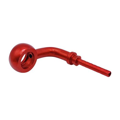 <p>Low profile banjo  |  10mm hole  |  8mm thick  |  90 deg bend |  anodized alumi</p>