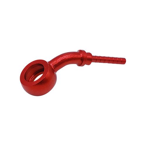 <p>Low profile banjo  |  10mm hole  |  8mm thick  |  45 deg bend |  anodized alumi</p>
